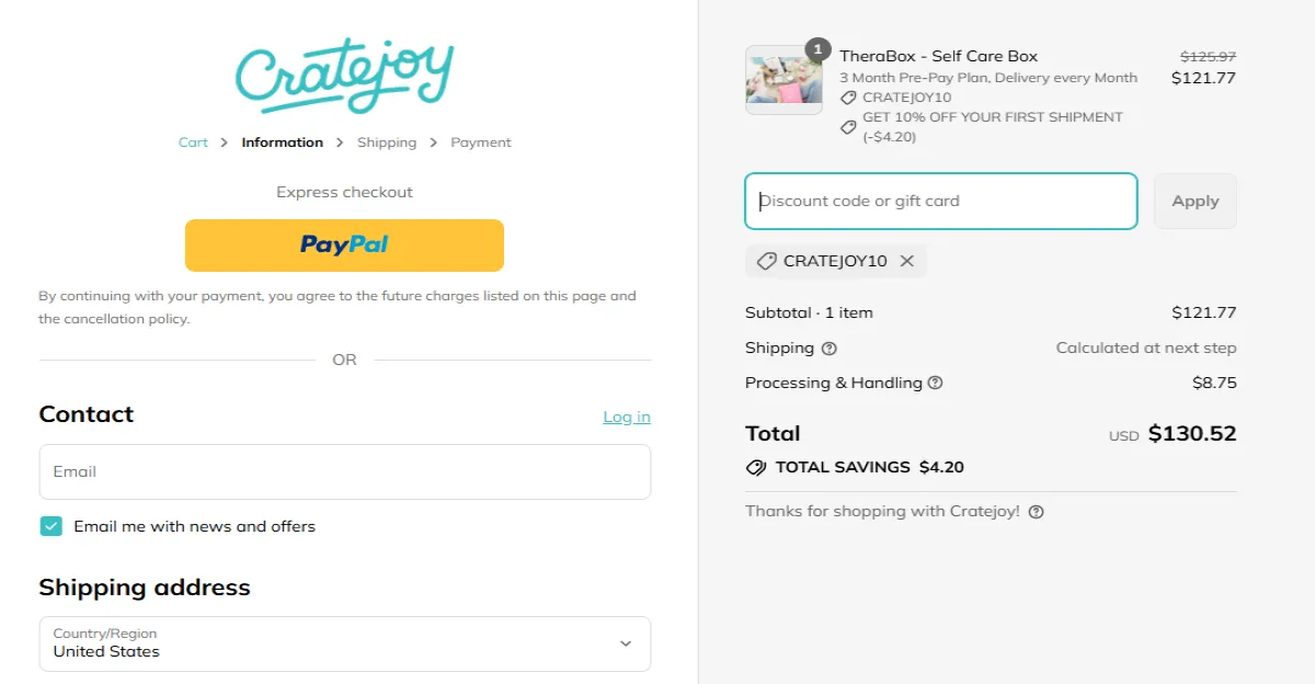 Coupon proof CRATEJOY10